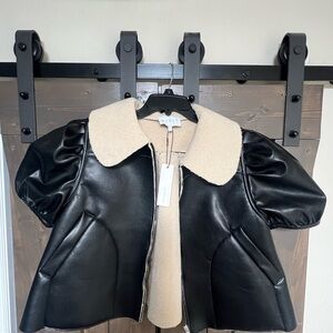 Mango Black Faux Leather Jacket with Cream Collar